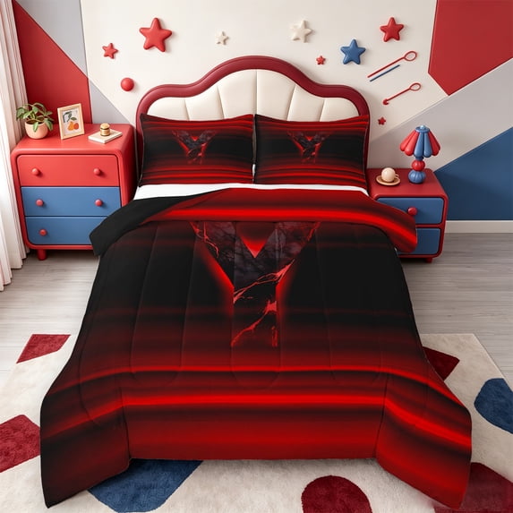 meiyoeat Red Gradient Initial F King Size Comforter Sets,Dark Letter Ombre Print Comforters King Size,Black Reversible,3 Pieces,1 Comforter And 2 Pillowcases