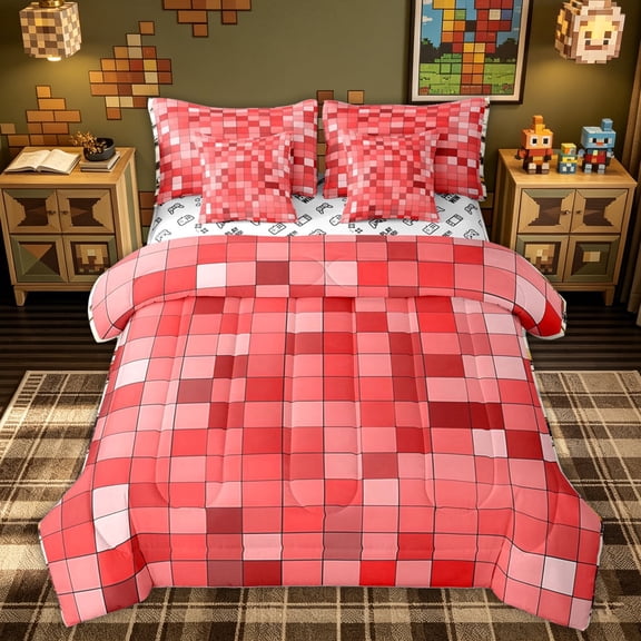 meiyoeat Red Grid Twin Bedding for Kids, Gaming Pixel Bedding Comforter Set for Dorm, Red Pink, Gamepad Reversible, 7-Piece