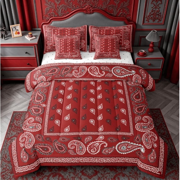 meiyoeat Red Paisley Print 7 Pieces Full Size Bedding Sets For Girls,Classic Boho Floral Full Size Bed In A Bag For Adults,Reversible