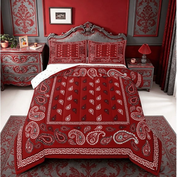meiyoeat Red Paisley Print Queen Comforter Set For Girls,Classic Boho Floral Comforter Sets Queen For Adults,Reversible,3-Piece