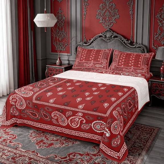 meiyoeat Red Paisley Print Queen Sheets For Girls,Classic Boho Floral Queen Sheet Sets For Adults,4-Piece