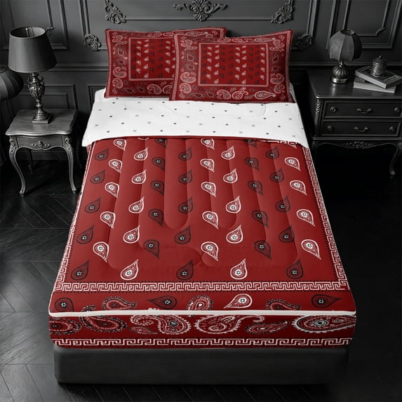 meiyoeat Red Paisley Print Zipper Twin Comforter Sets with Fitted Sheet and 2 Pillowcases For Girls,Classic Boho Floral Zipper Bedding Set For Adults,Reversible,4 Pieces