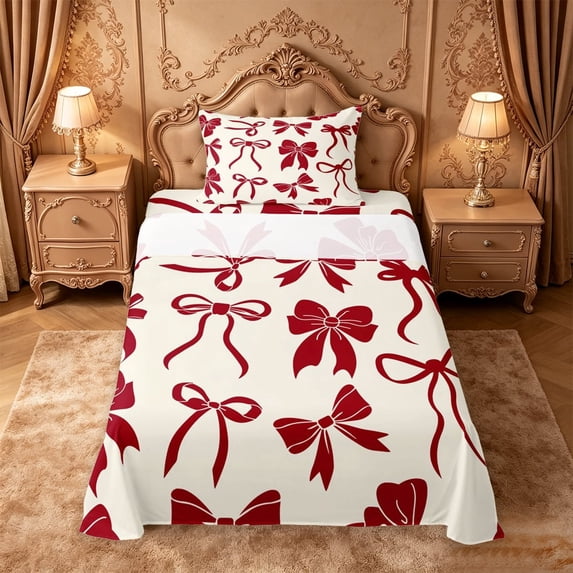 meiyoeat Red Ribbon Bowknot Twin Sheets For Girls,Fashion Coquette Bows Bedding For Kids,3-Piece