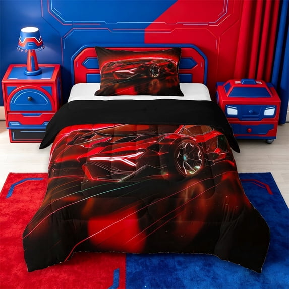 meiyoeat Red Sports Car Twin Comforter Sets For Kids,Classic High Speed Games Bedding Set For Boys,Black Reversible,2pcs