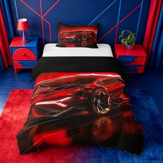 meiyoeat Red Sports Car Twin Duvet Cover For Kids,Classic High Speed Games Twin Bedding For Boys,Black Reversible,2pcs(No Comforter)