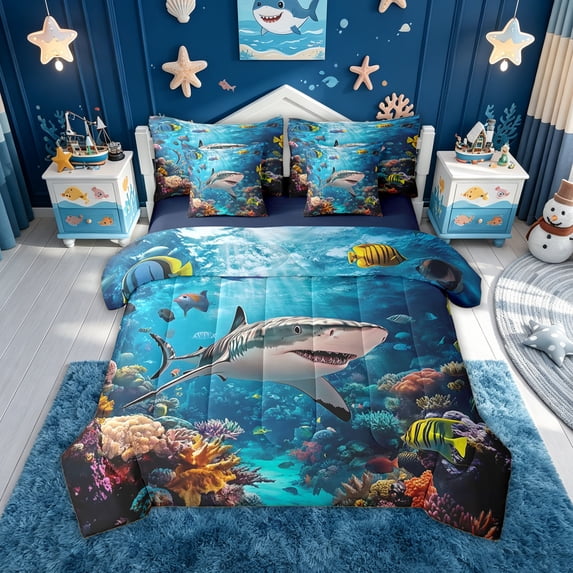 meiyoeat Reef Shark Fish Twin Bedding for Kids Boys Girls, Tropical Coastal Coral Animal Bedding Comforter Set, Blue, Blue Reversible, 7 Pieces