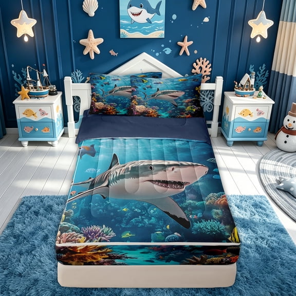 meiyoeat Reef Shark Fish Zipper Comforter Set with Fitted Sheet and 2 Pillowcases for Kids Boys Girls, Tropical Coastal Coral Animal Zipper Bedding Set, Blue, Blue Reversible, 3 Pieces