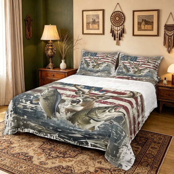 meiyoeat Retro American Flag Buck Fishing Bed Sheets for Men Boys, Bass Pike Fish Animal Full Size Sheets, Beige, 4 Pieces, 1 Flat Sheet, 1 Fitted Sheet and 2 Pillowcases
