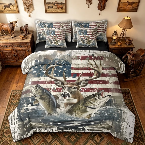 meiyoeat Retro American Flag Buck Fishing Twin Bedding for Men Boys, Bass Pike Fish Animal Bedding Comforter Set, Beige, Black Reversible, 7 Pieces