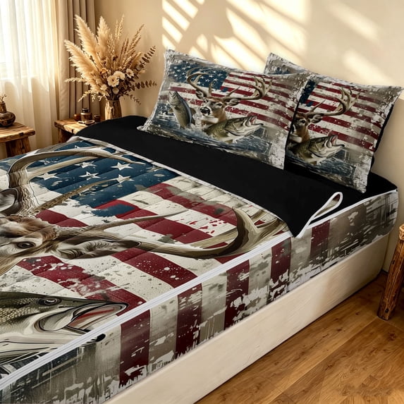 meiyoeat Retro American Flag Buck Fishing Zipper Full Size Comforter Sets with Fitted Sheet and 2 Pillowcases for Men Boys, Bass Pike Fish Animal Zipper Bedding Set, Black Reversible, 4 Pieces