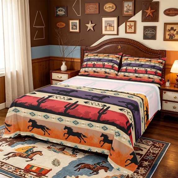 meiyoeat Retro Aztec Geometric Bed Sheets,Rustic Southwestern Cowboy Full Size Sheets For Boys,4-Piece1 Flat Sheet, 1 Fitted Sheet and 2 Pillowcases
