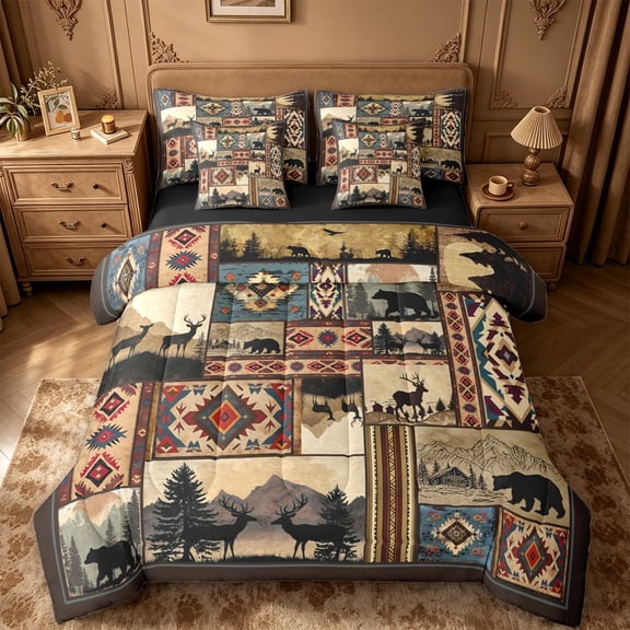 meiyoeat Retro Aztec Geometric Print 7pcs Queen Bedding For Boys,Jungle Animal Deer Bedding Comforter Set Queen For Kids,Black Reversible
