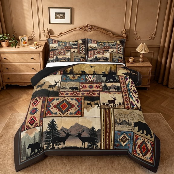meiyoeat Retro Aztec Geometric Print Queen Comforter Set For Boys,Jungle Animal Deer Comforter Sets Queen For Kids,Black Reversible,3-Piece