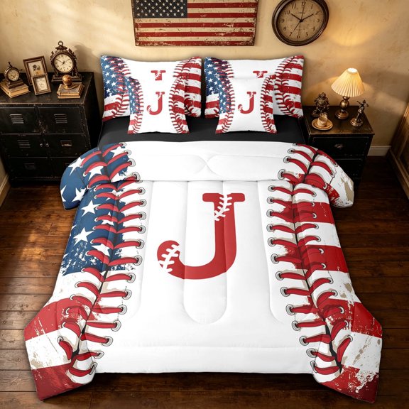 meiyoeat Retro Baseball J Letter Twin Bedding for Boys, Blue Red USA Flag Bedding Comforter Set, Black Reversible, 7-Piece