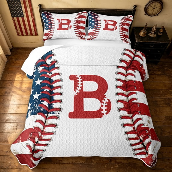 meiyoeat Retro Baseball Monogrammed B Bed Spread Queen for Boys, American Stars and Stripes Queen Coverlet Set, 3 Pieces, 1 Comforter and 2 Pillowcases