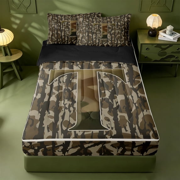 meiyoeat Retro Camouflage Alphabet Print Theme Zipper Full Size Comforter Sets with Fitted Sheet and 2 Pillowcases For Kids,Green Geometric Camo Letter T Zipper Bedding Set,Black Reversible,4-Piece