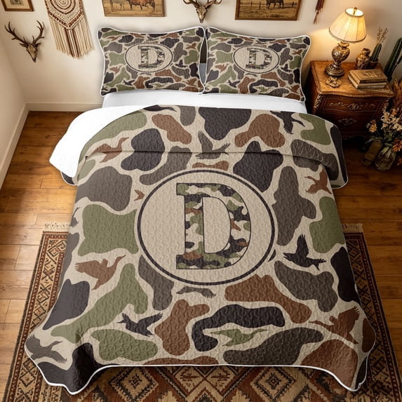 meiyoeat Retro Camouflage Letter D Twin Quilt Set for Men Boys, Hunting Duck Print Twin Coverlet Set, 2-Piece, 1 Comforter and 1 Pillowcase