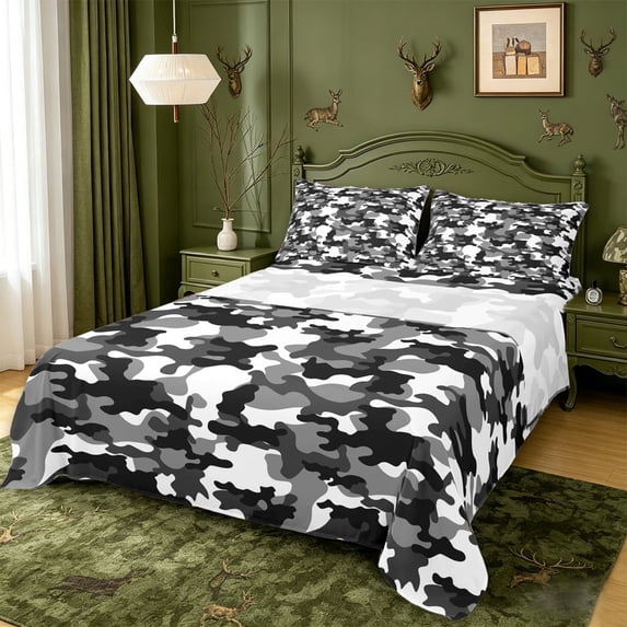 meiyoeat Retro Camouflage Theme King Sheets For Kids,Green Geometric Camo Bedding,4-Piece