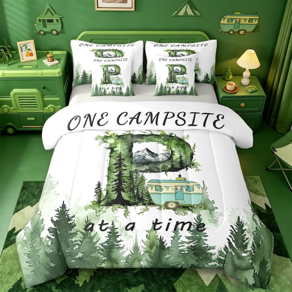 meiyoeat Retro Camper Kids 7-Piece Twin Bedding For Boys,Happy Camping Letter P Theme Bedding Comforter Set,Light Gray Reversible