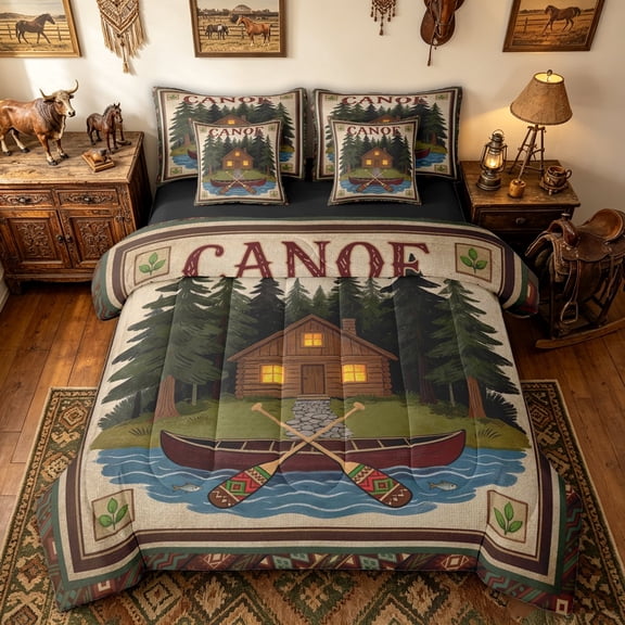 meiyoeat Retro Folk Cabin Camping Full Size Bedding Sets for Men Boys, Woodland Mountain Lake Paddle Full Size Bed in a Bag, Brown, Black Reversible, 7-Piece