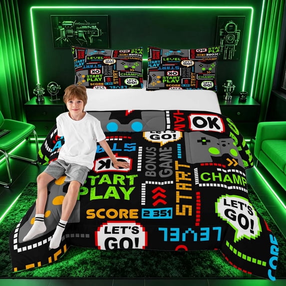 meiyoeat Retro Game Controller Full Size Comforter Sets, Pixel Text Bedding Sets for Boys Gamers, Multi-Color, Gamepad Reversible 3 Pieces, 1 Comforter and 2 Pillowcases