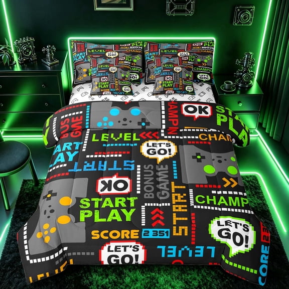 meiyoeat Retro Game Controller Twin Bedding Sets, Pixel Text Bedding Comforter Set for Boys Gamers, Multi-Color, Gamepad Reversible 7-Piece