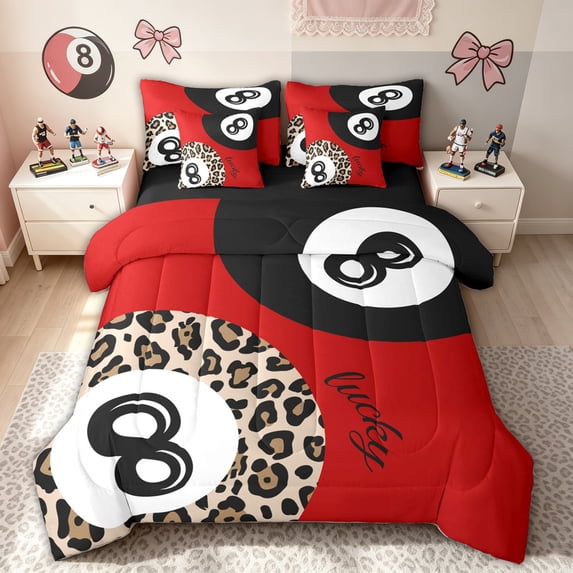 meiyoeat Retro Lucky 8 Ball King Bedding for Girls, Leopard Print Billiards King Bed in a Bag, Red Black, Black Reversible, 7 Pieces