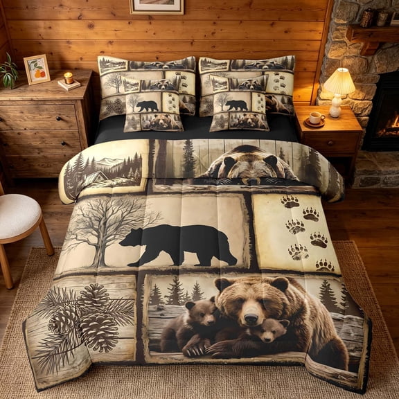 meiyoeat Retro Patchwork Bear Cabin Bedding Comforter Set Vintage Wildlife Silhouette Queen Bedding Sets, Sepia Brown, Black Reversible 7 Pieces