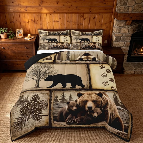 meiyoeat Retro Patchwork Bear Cabin Queen Comforter Set Vintage Wildlife Silhouette Bedding Comforter Set, Sepia Brown, Black Reversible 3 Pieces, 1 Comforter and 2 Pillowcases