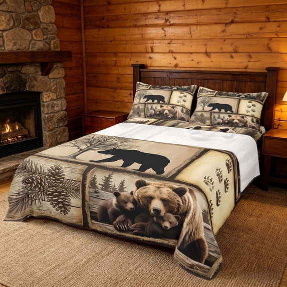 meiyoeat Retro Patchwork Bear Cabin Queen Sheet Sets Vintage Wildlife Silhouette Bed Set, Sepia Brown, 4 Pieces, 1 Flat Sheet, 1 Fitted Sheet and 2 Pillowcases