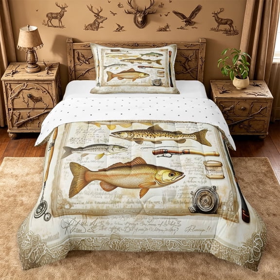 meiyoeat Retro Pike Pattern Twin Comforter Sets For Kids,Classic Fish Art Bedding Set For Men,Reversible,2-Piece