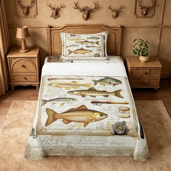 meiyoeat Retro Pike Pattern Twin Sheets For Kids,Classic Fish Art Bedding For Men,3-Piece