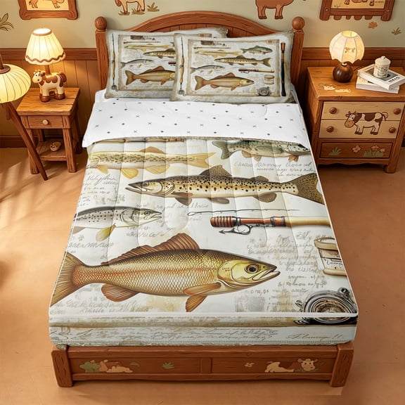 meiyoeat Retro Pike Pattern Zipper Twin Comforter Sets with Fitted Sheet and 2 Pillowcases For Kids,Classic Fish Art Zipper Bedding Set For Men,Reversible,4-Piece