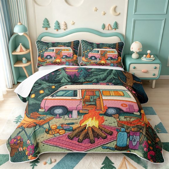 meiyoeat Retro Pink Camper Rv Twin Quilt Set For Girls,Happy Camping Print Twin Coverlet Set,Multicolor,2 Pieces,1 Bedspread and 1 Pillowcase