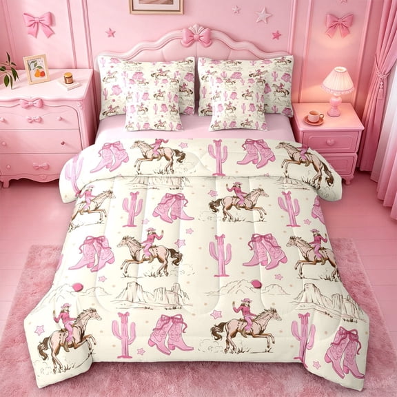 meiyoeat Retro Western Cowgirl 7-Piece Twin Bedding For Kids, Pink Vintage Cowboy Boots Bedding Comforter Set For Girls,Pink Reversible