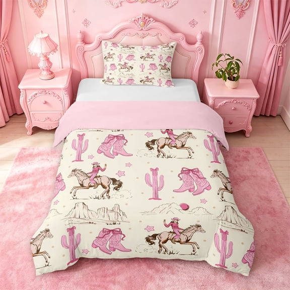 meiyoeat Retro Western Cowgirl Twin Duvet Cover For Kids, Pink Vintage Cowboy Boots Twin Bedding For Girls,Pink Reversible,2pcs(No Comforter)