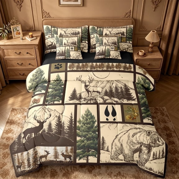 meiyoeat Retro Woodland Deer 7pcs Queen Bedding For Adults,Rustic Mountain Bear Pine Bedding Comforter Set Queen For Men,Black Reversible