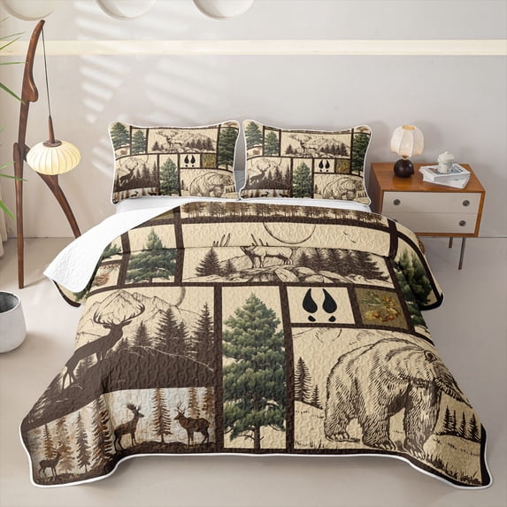 meiyoeat Retro Woodland Deer Bed Spread Queen For Adults,Rustic Mountain Bear Pine Queen Coverlet Set For Men,3-Piece