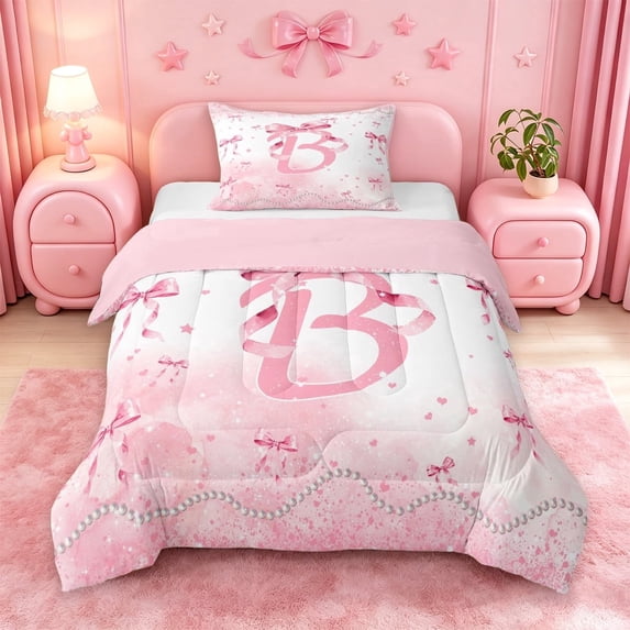 meiyoeat Ribbon Bow Initial B Twin Comforter Sets,Pink Glitter Print Monogram Art Bedding Set For Girl,Pink Reversible,2-Piece,1 Comforter and 1 Pillowcase