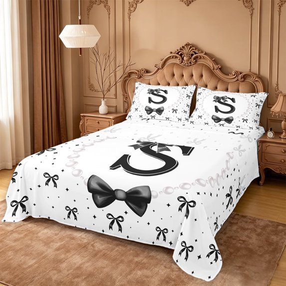 meiyoeat Ribbon Bow Letter Print Bed Sheets For Girls,Black Bowtie Monogram S Full Size Sheets For Kids,4 Pieces