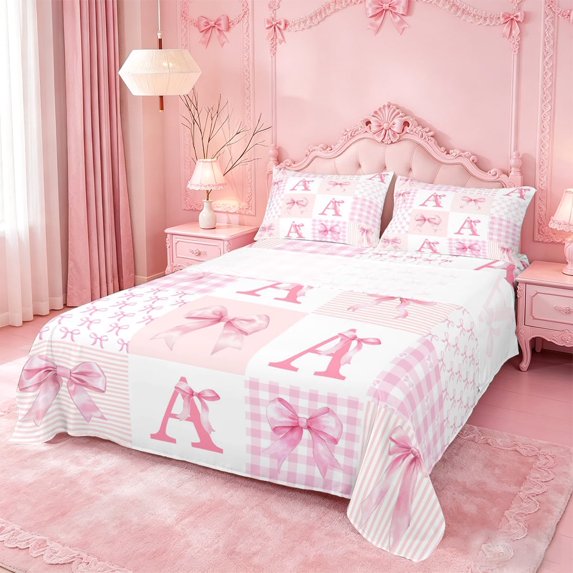 meiyoeat Ribbon Bow Letter Print Bed Sheets For Girls,Pink Plaid Bowknot Alphabet A Full Size Sheets For Kids,4-Piece