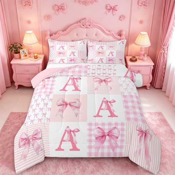 meiyoeat Ribbon Bow Letter Print Full Size Comforter Sets For Girls,Pink Plaid Bowknot Alphabet A Bedding Comforter Set For Kids,Pink Reversible,3-Piece