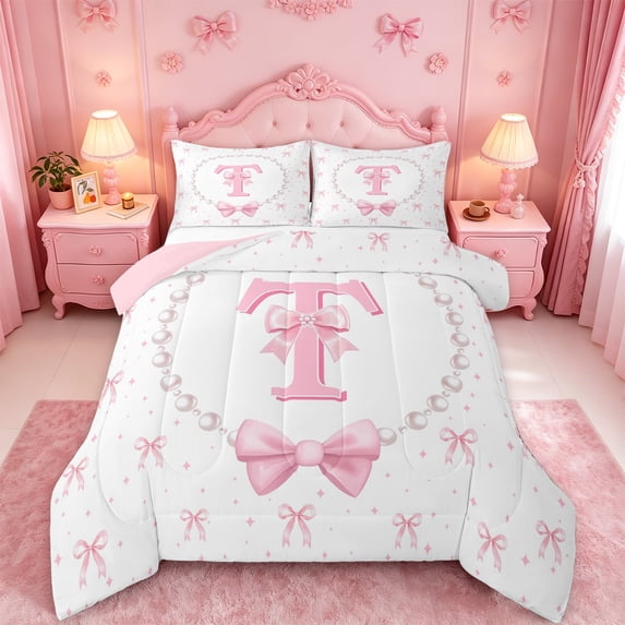 meiyoeat Ribbon Bow Letter Print King Size Comforter Sets For Girls,Pink Bowknot Monogram T Comforters King Size For Kids,Pink Reversible,3-Piece