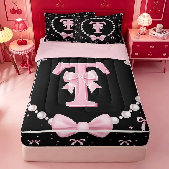 meiyoeat Ribbon Bow Letter Print Zipper Queen Comforter Set With Fitted Sheet And 2 Pillowcases For Girls,Pink Bowtie Monogram T Zipper Bedding Set For Kids,Pink Reversible,4-Piece