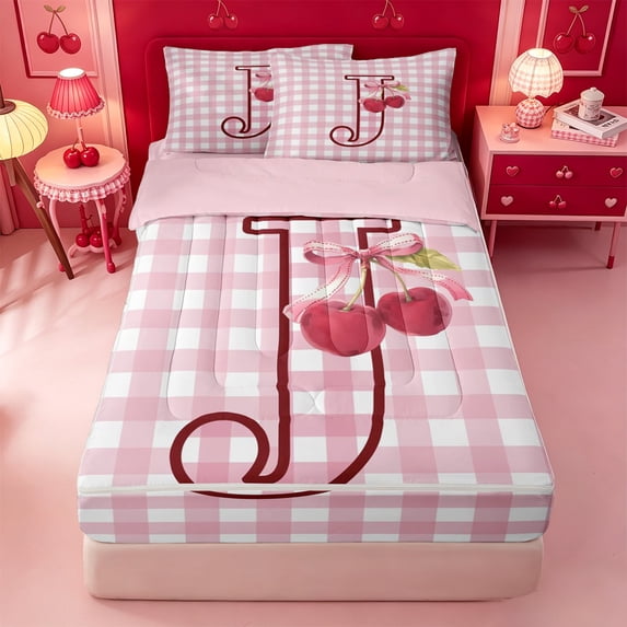 meiyoeat Ribbon Bow Monogram J Zipper Full Size Comforter Sets with Fitted Sheet and 2 Pillowcases,Pink Cherry Initial Art Zipper Bedding Set For Girl,Pink Reversible,4-Piece