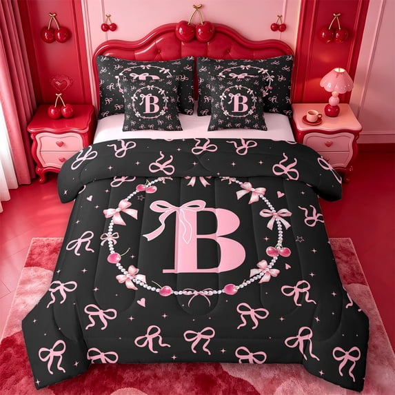 meiyoeat Ribbon Bow Pearl 7 Pieces Full Size Bedding Sets,Pink Monogrammed B Full Size Bed in a Bag For Girl,Pink Reversible
