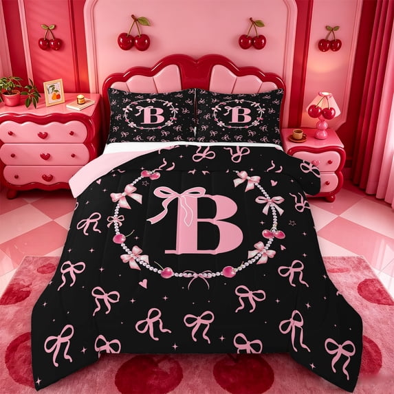 meiyoeat Ribbon Bow Pearl King Size Comforter Sets,Pink Monogrammed B Comforters King Size For Girl,Pink Reversible,3-Piece,1 Comforter And 2 Pillowcases