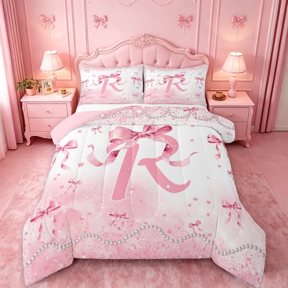 meiyoeat Ribbon Bowknot Initial R King Size Comforter Sets,Pink Glitter Print Monogram Art Comforters King Size For Girl,Pink Reversible,3-Piece,1 Comforter And 2 Pillowcases
