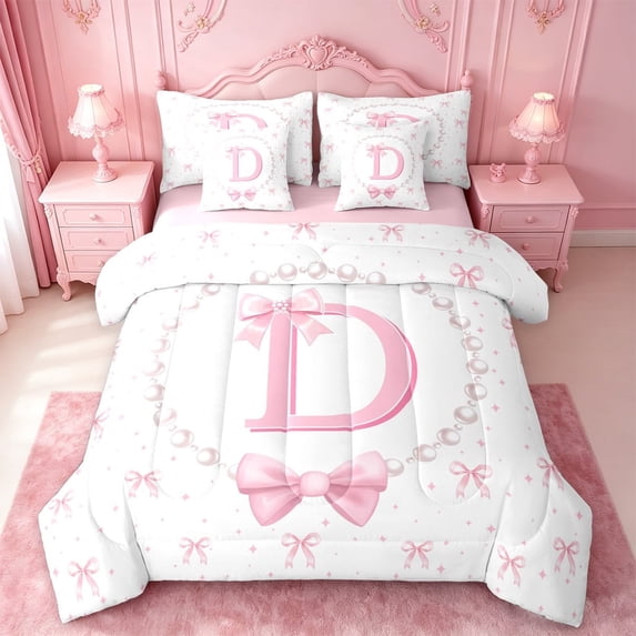 meiyoeat Ribbon Letter Print D 7-Piece Twin Bedding For Kids,Fashion Women Pearl Necklace Bedding Comforter Set,Pink Reversible