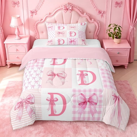 meiyoeat Ribbon Letter Print D Twin Comforter Sets For Kids,Pink Patchwork Geometric Plaid Bedding Set,Pink Reversible,2pcs